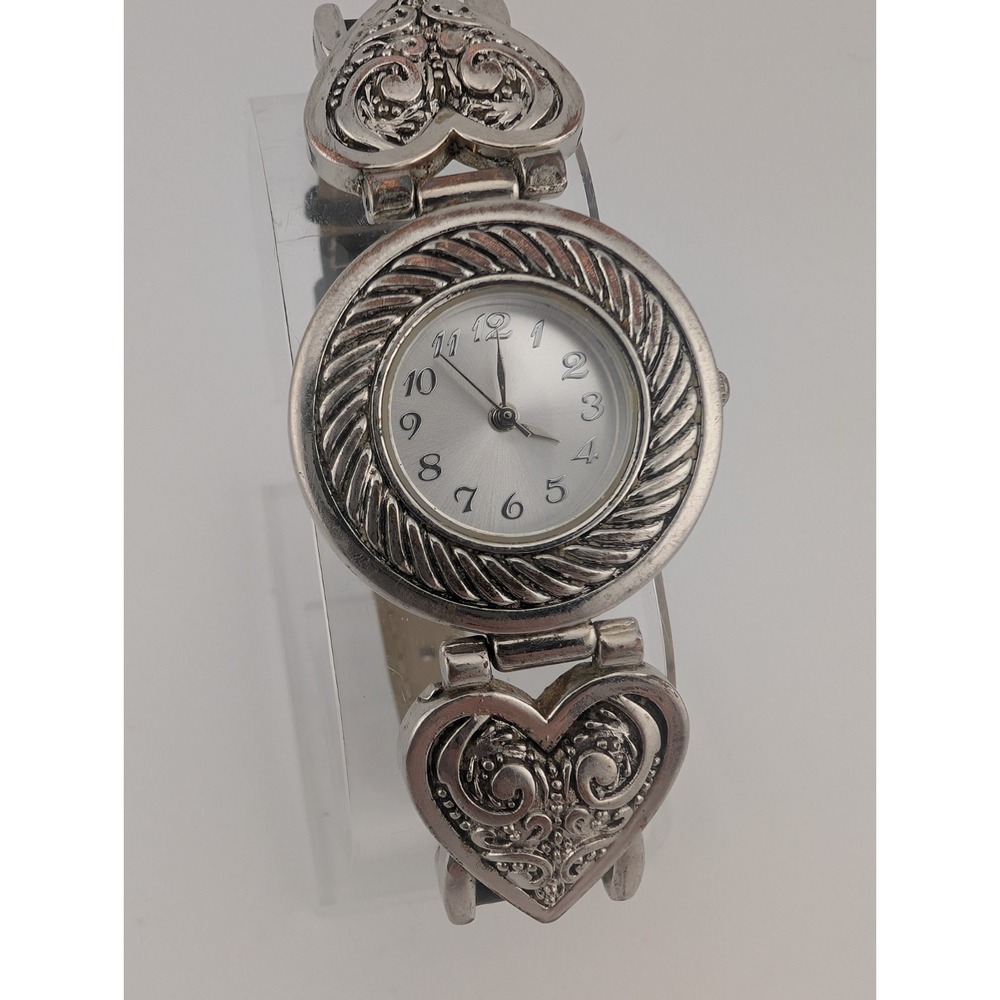 Accutime Watch Women 29mm Silver Case Heart Black Faux Leather Band- New Battery